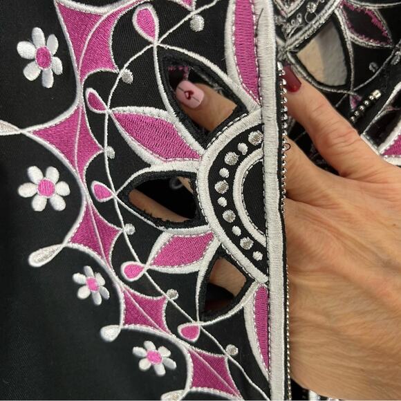 Bob Mackie Jacket Wearable Art Full Zip Pockets Embroidered XL Black Pink - Picture 8 of 10